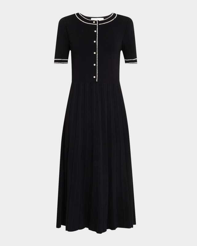 The Leona Pleated Bead-Trim Midi Sweater Dress